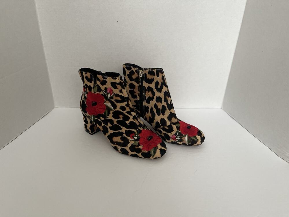 KATE SPADE LEOPARD CALIF HAIR BOOTIES WITH ROSE EMBROIDERED DETAIL, SIZE 6M
